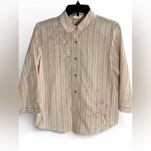 Elegant Pink Striped Women's Blouse with Floral Embroidery Sz. 12P